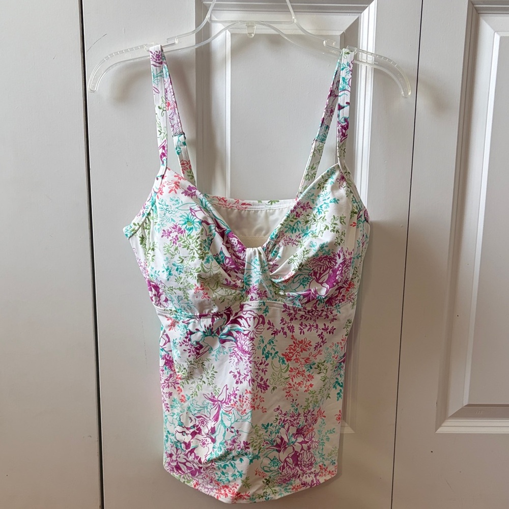 Floral Twist-Front Women's Tankini Top - White with Pink & Teal